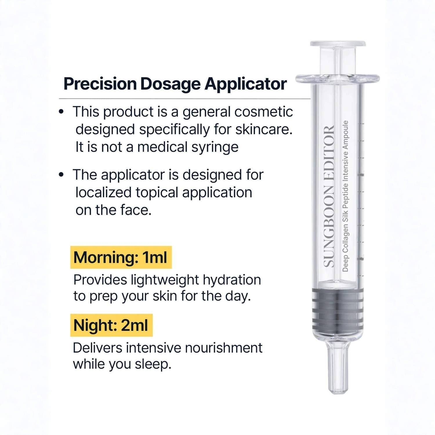 Präzisions-Dosierapplikator (Pipette) für Hautpflege. Text: Morgen 1ml, Nacht 2ml.