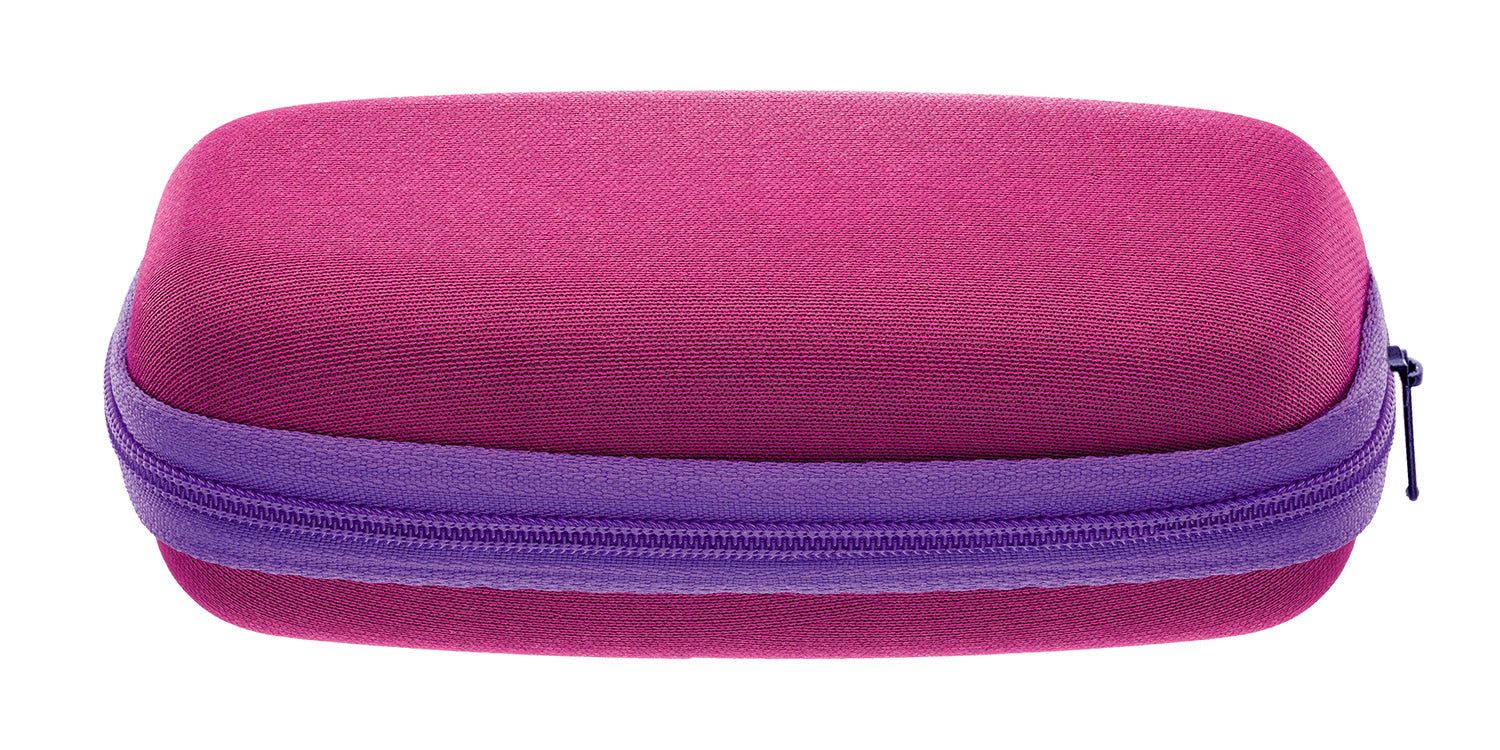 Etui für Brille, rosa mit lila Reißverschluss. Rechteckige Form, Reißverschluss geschlossen.