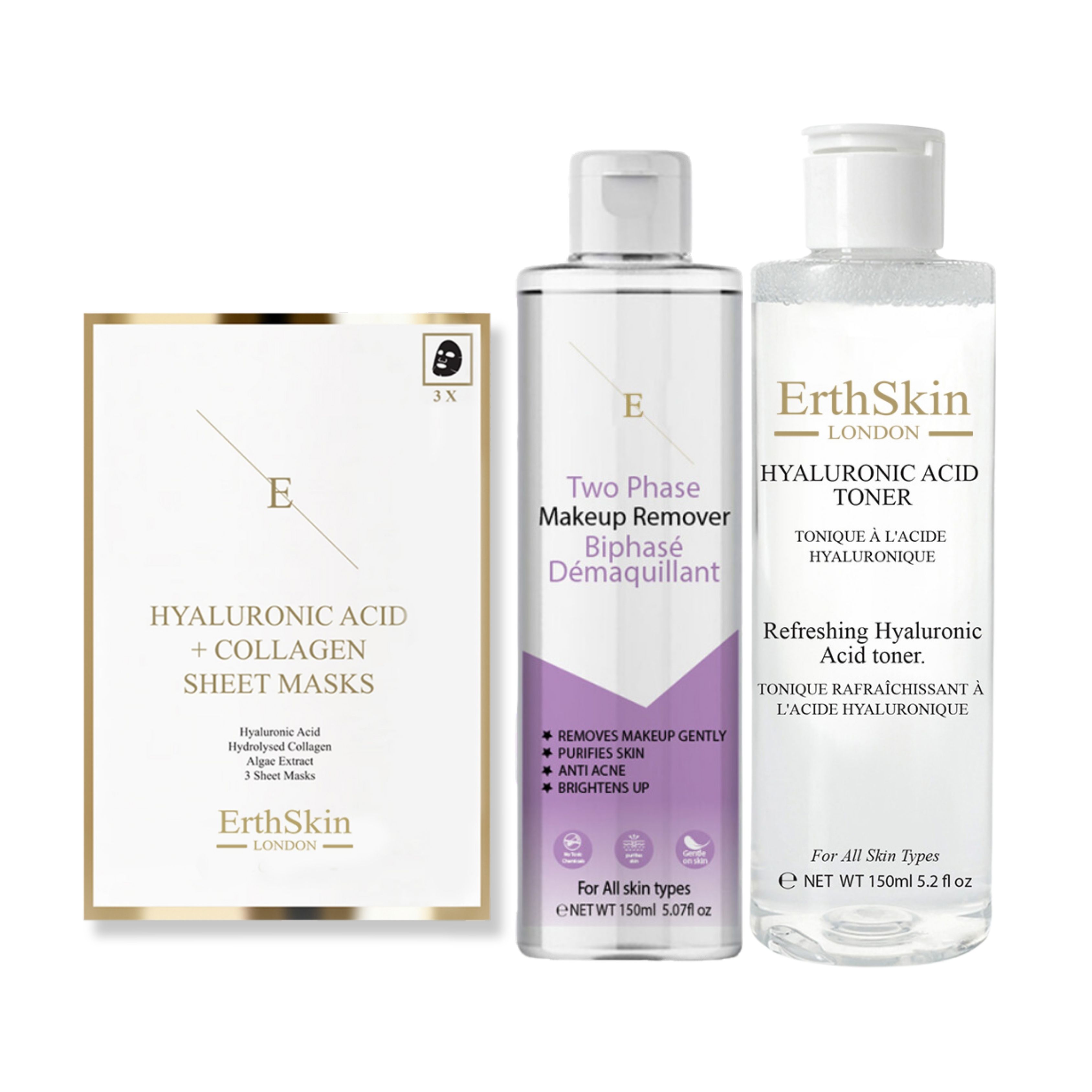 Drei ErthSkin London Produkte: Hyaluron-Toner, Make-up-Entferner und Kollagenmasken. Alle in weißen Flaschen und Verpackungen.