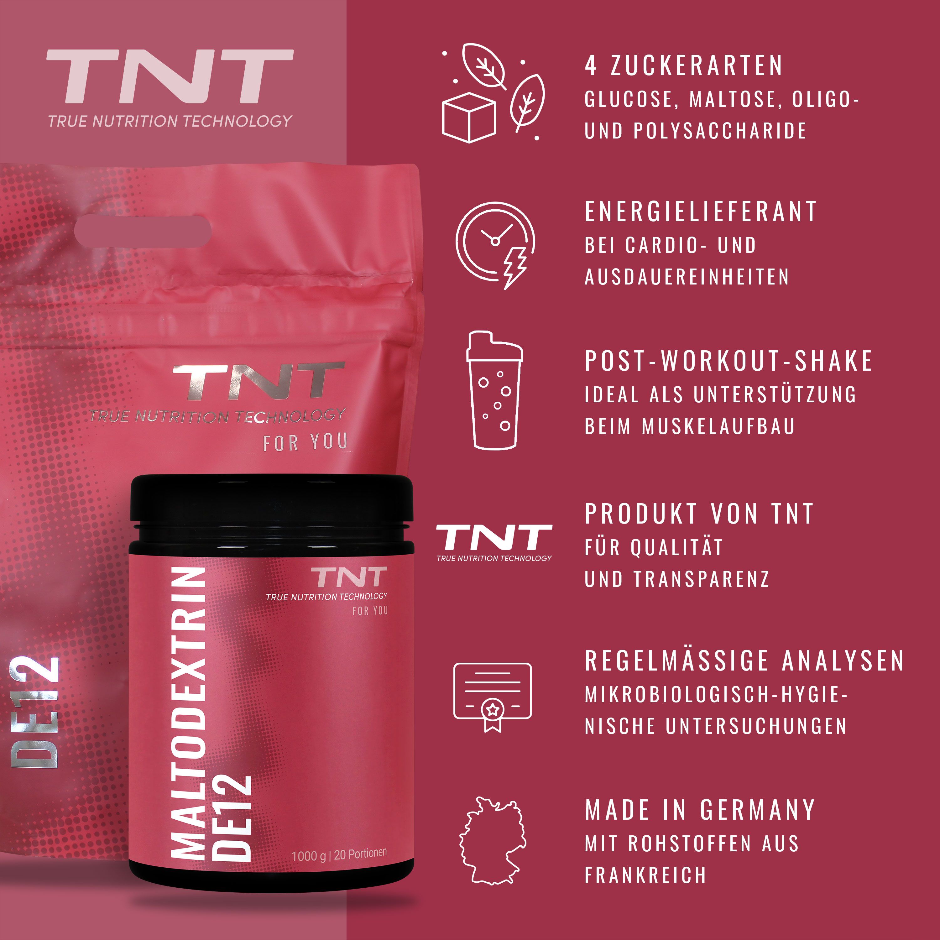Rote Dose und Beutel mit TNT Maltodextrin DE12. Text: 4 Zuckerarten, Energielieferant, Post-Workout-Shake, Produkt von TNT, regelmäßige Analysen.