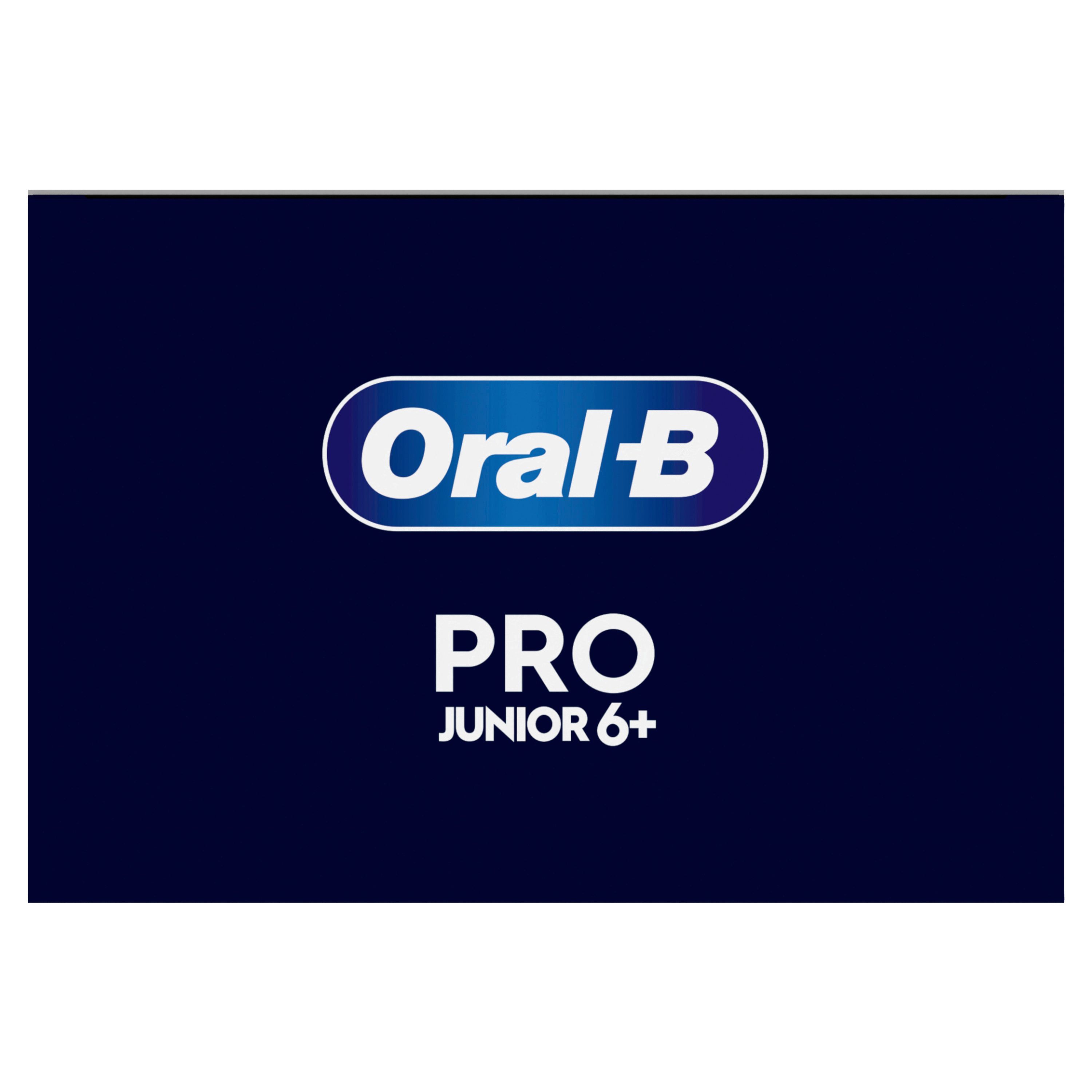 Verpackung, Oral-B Pro Junior 6+. Logo und Produktname. Blauer Hintergrund.