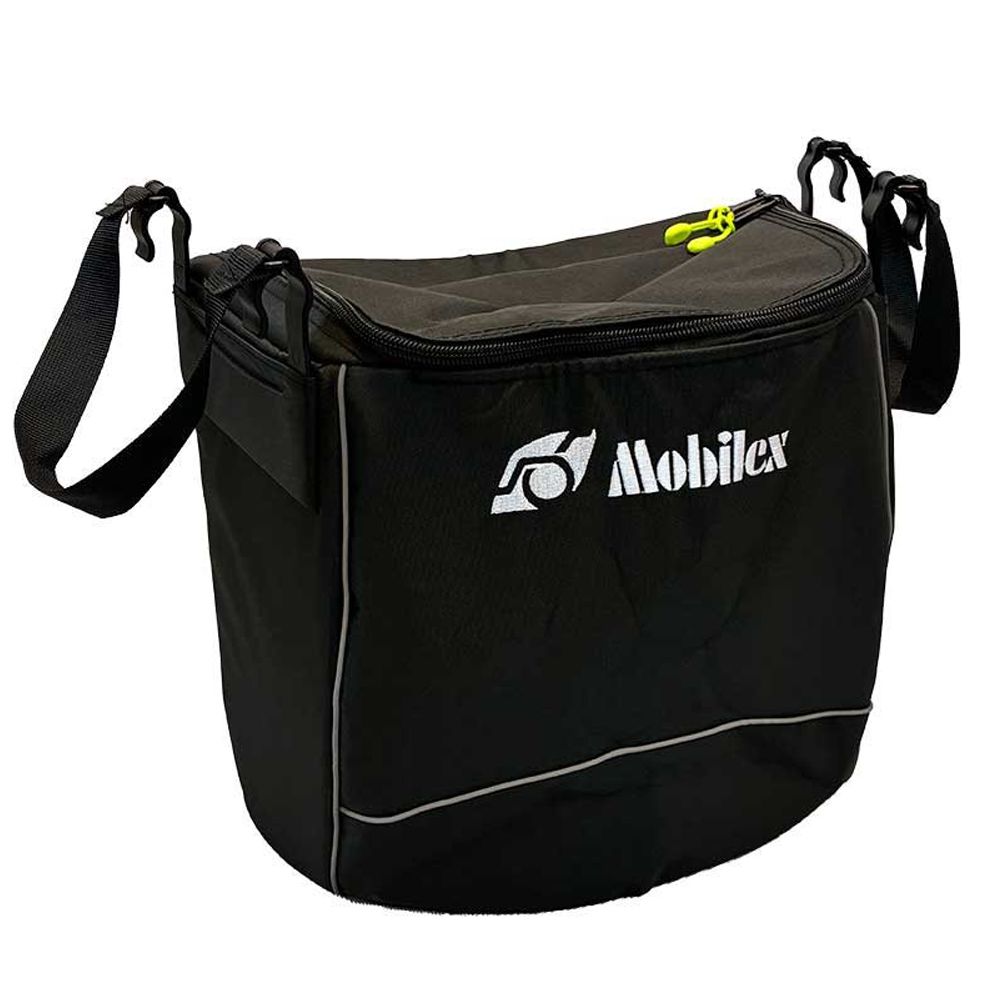 Schwarze Tasche mit Reißverschluss und Schulterriemen. Logo 'Mobilex' in Weiß. Gelber Reißverschluss-Zipper.