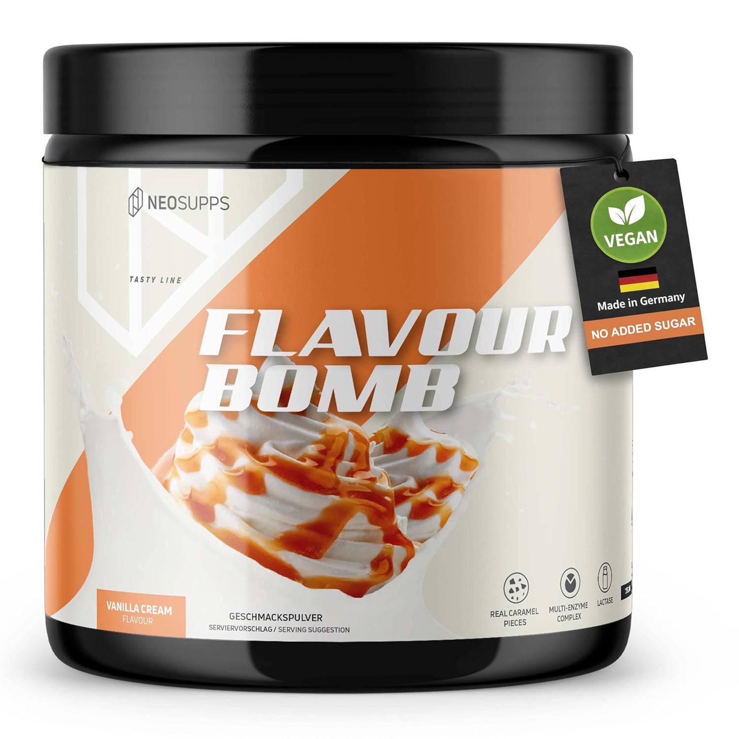 Dose Flavour Bomb, Vanilla Cream. Text: Geschmackspulver, vegan, ohne Zuckerzusatz, Made in Germany.
