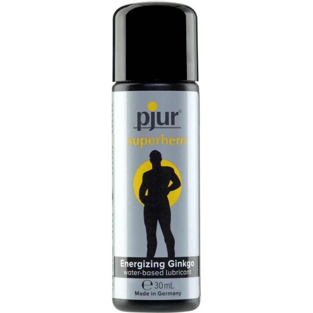 Körperpflegeprodukt mit schwarzem Deckel. Aufschrift: pjur superhero energizing ginkgo. Enthält 30 ml.