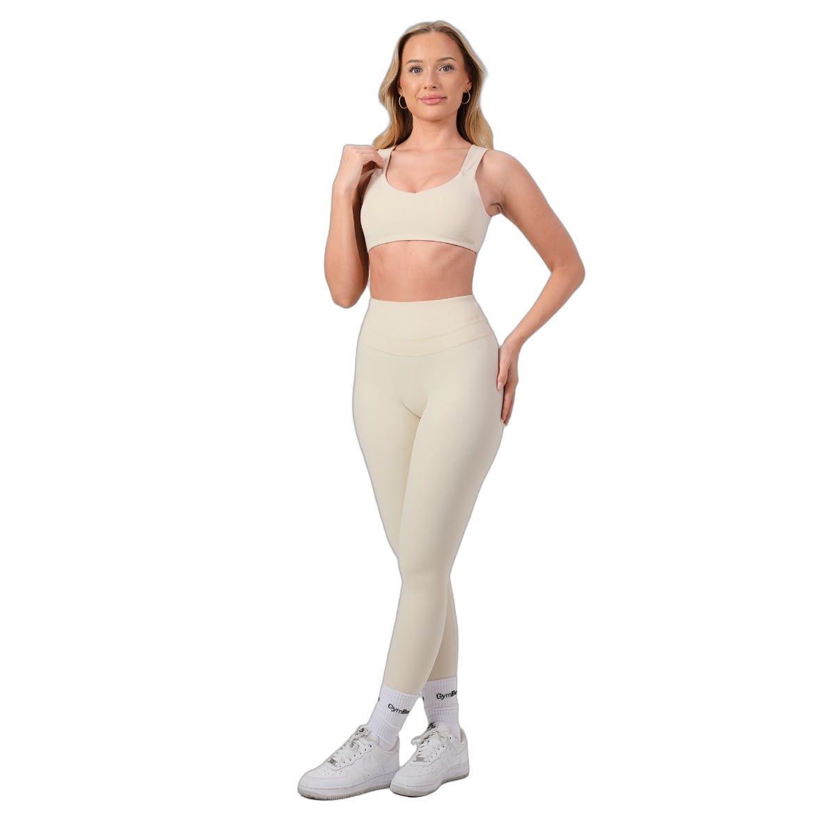Damen-Leggings in hellem Beige, hohe Taille, nahtlos, mit passendem Sport-BH.