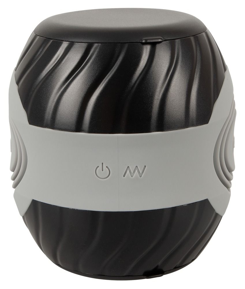 Schwarz-graues, zylindrisches Produkt mit gewellter Oberfläche. Graues Band mit Symbolen. Schwarzer Deckel.