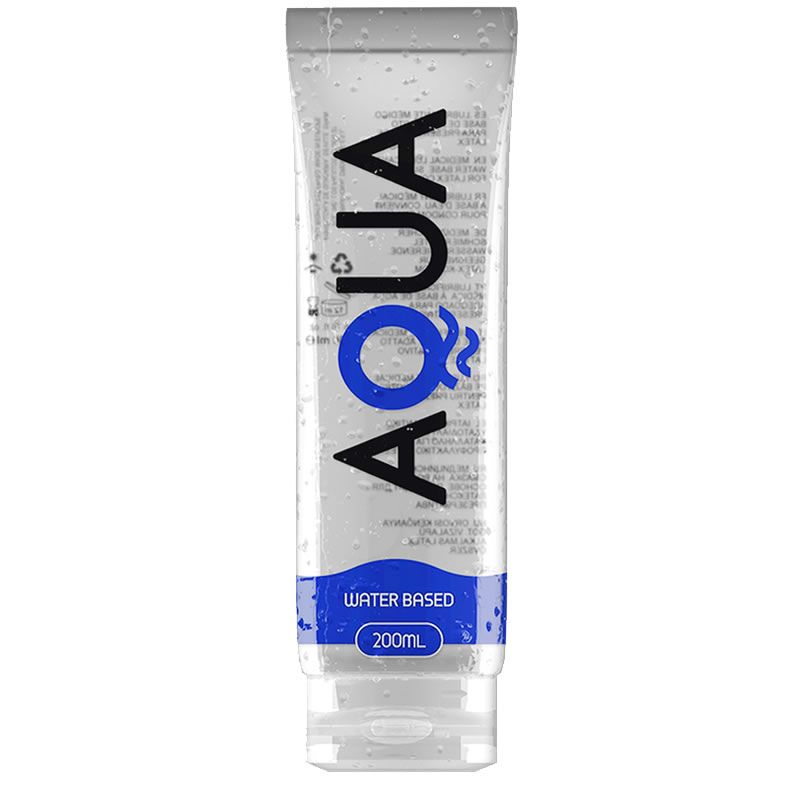 Aqua Wasserbasierte Gleitcreme in einer durchsichtigen Tube mit blauem Etikett, 200ml.