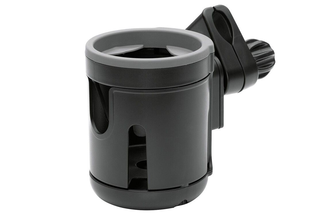 Schwarzer Flaschenhalter mit grauem Rand und Befestigungsklemme. Kunststoff. Für Kinderwagen.