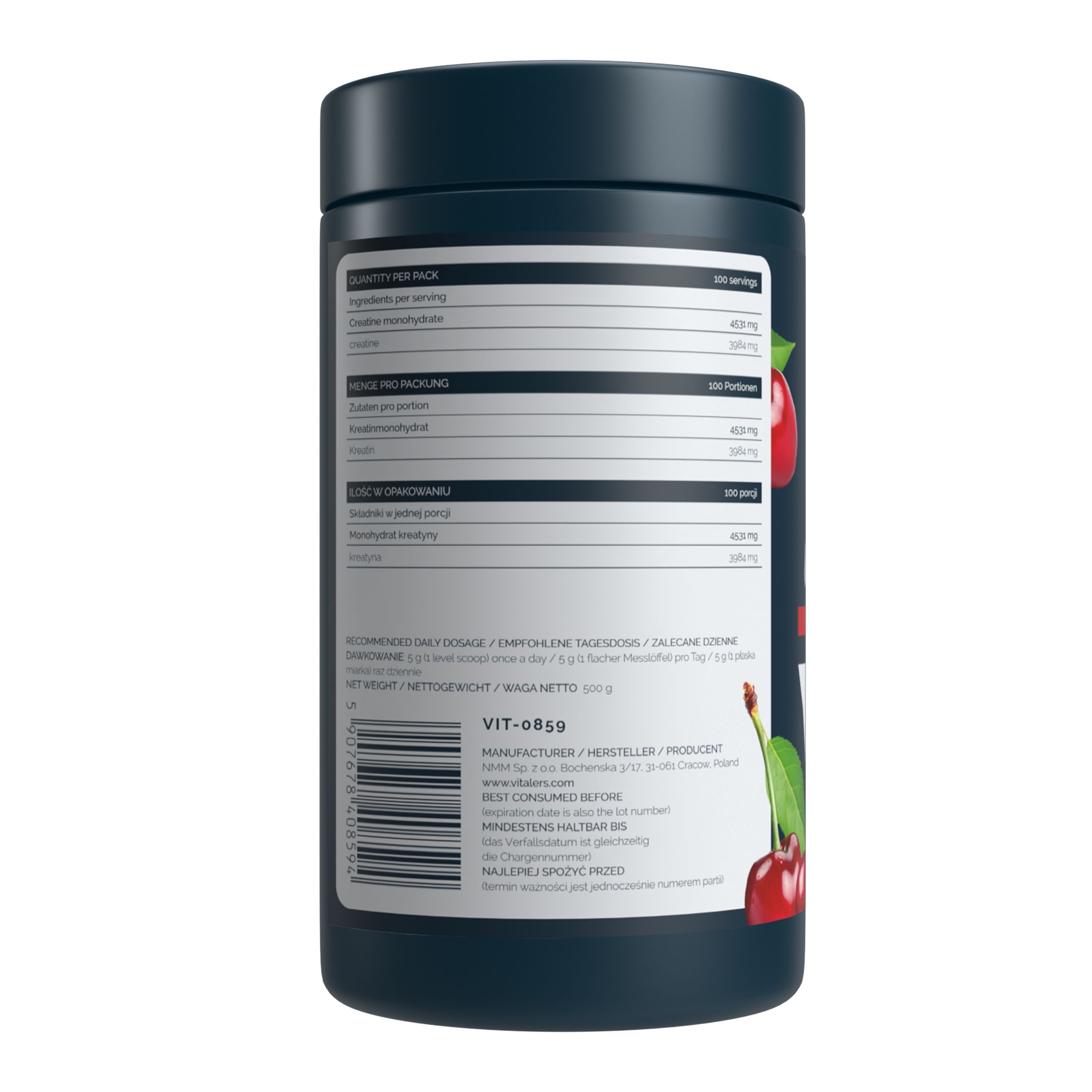 Rückseite eines dunkelblauen Behälters mit Nährwertangaben und Kirschenabbildung. Vitaler's Sport Kreatin Monohydrat.