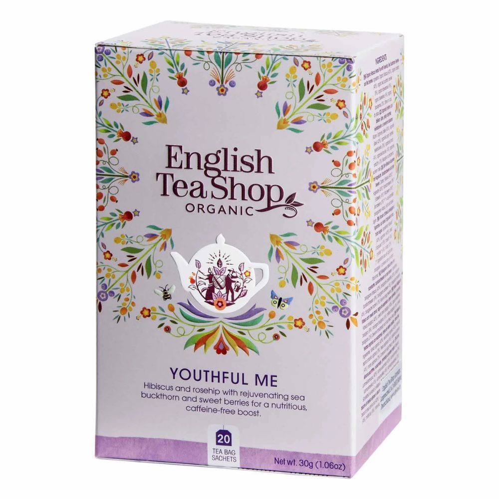 Karton mit "English Tea Shop"-Logo und "Youthful Me"-Aufdruck. 20 Teebeutel, 30g. Floralmuster, Teekannen-Illustration.