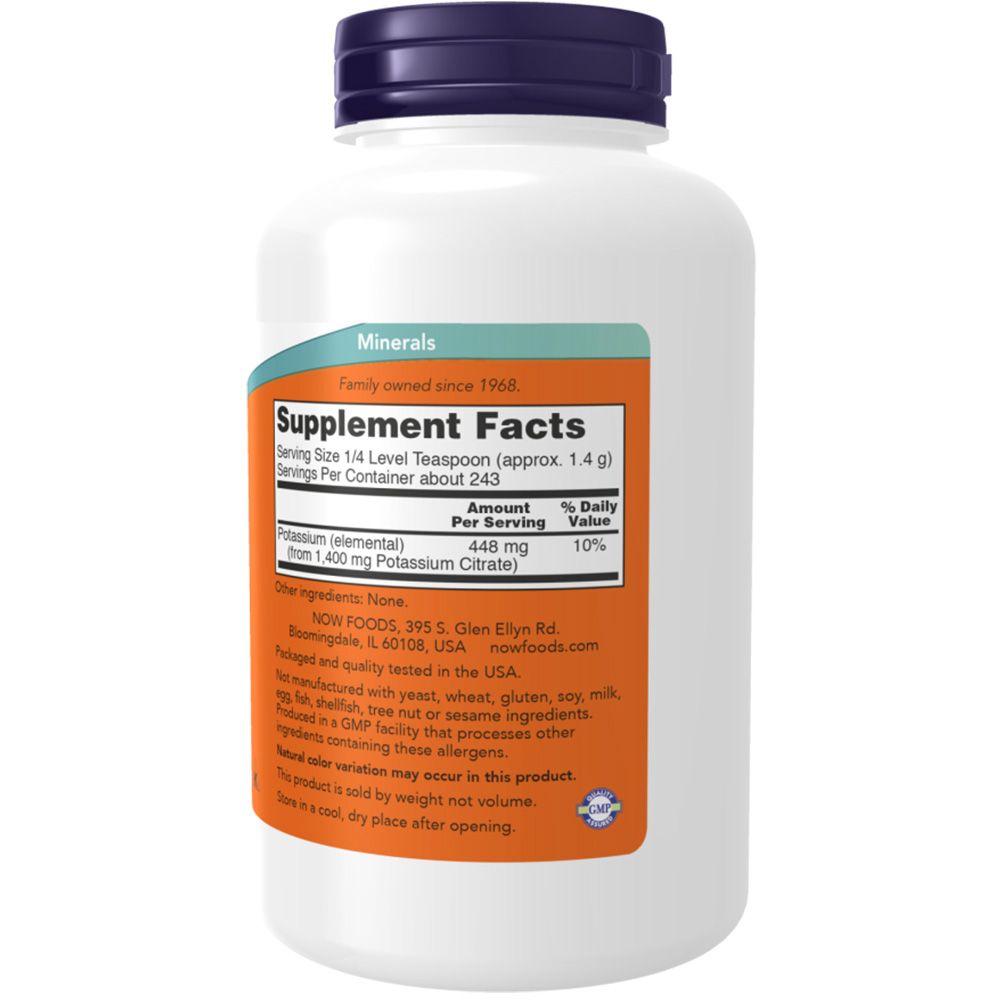 Rückseite einer weißen Flasche. Orangefarbenes Etikett mit Nährwertangaben. Enthält Informationen zu Kalium. Marke: NOW. Hergestellt in den USA.