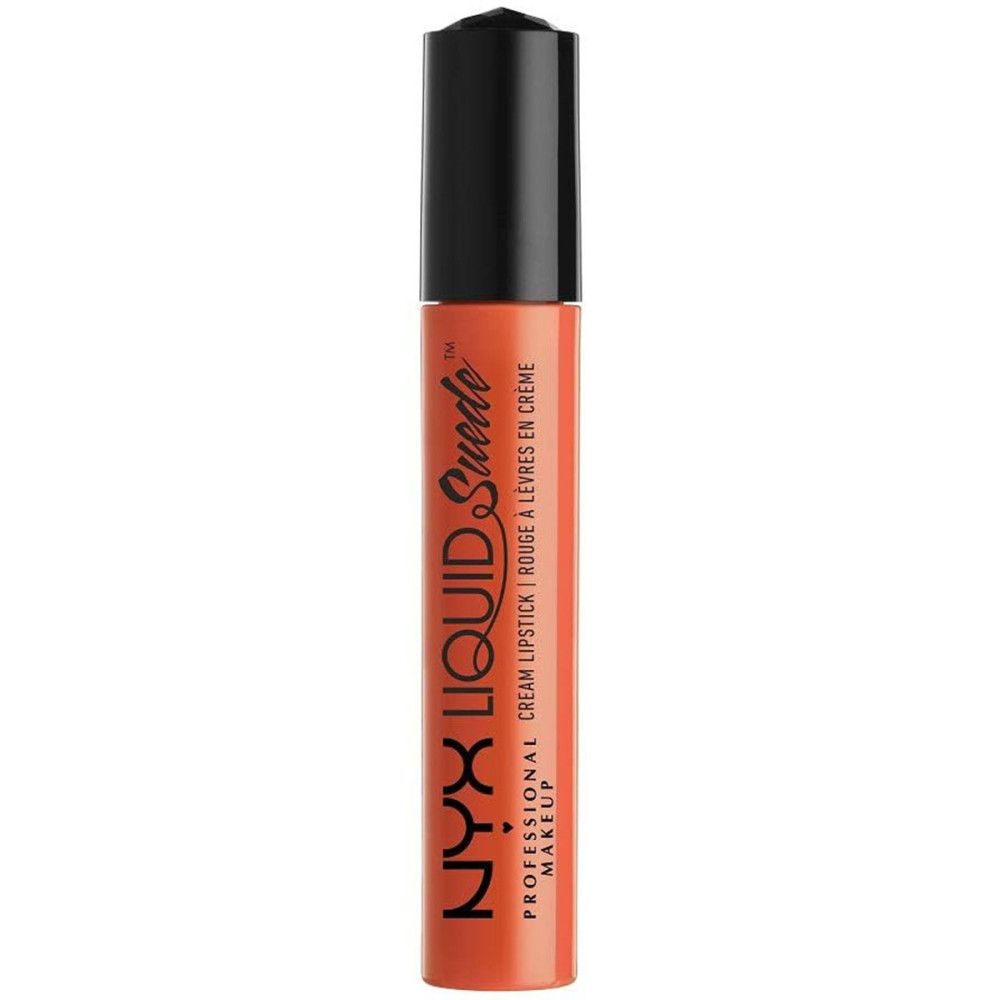 Nyx Liquid Suede Creme-Lippenstift. Orangefarbene Tube mit schwarzem Deckel. Text.