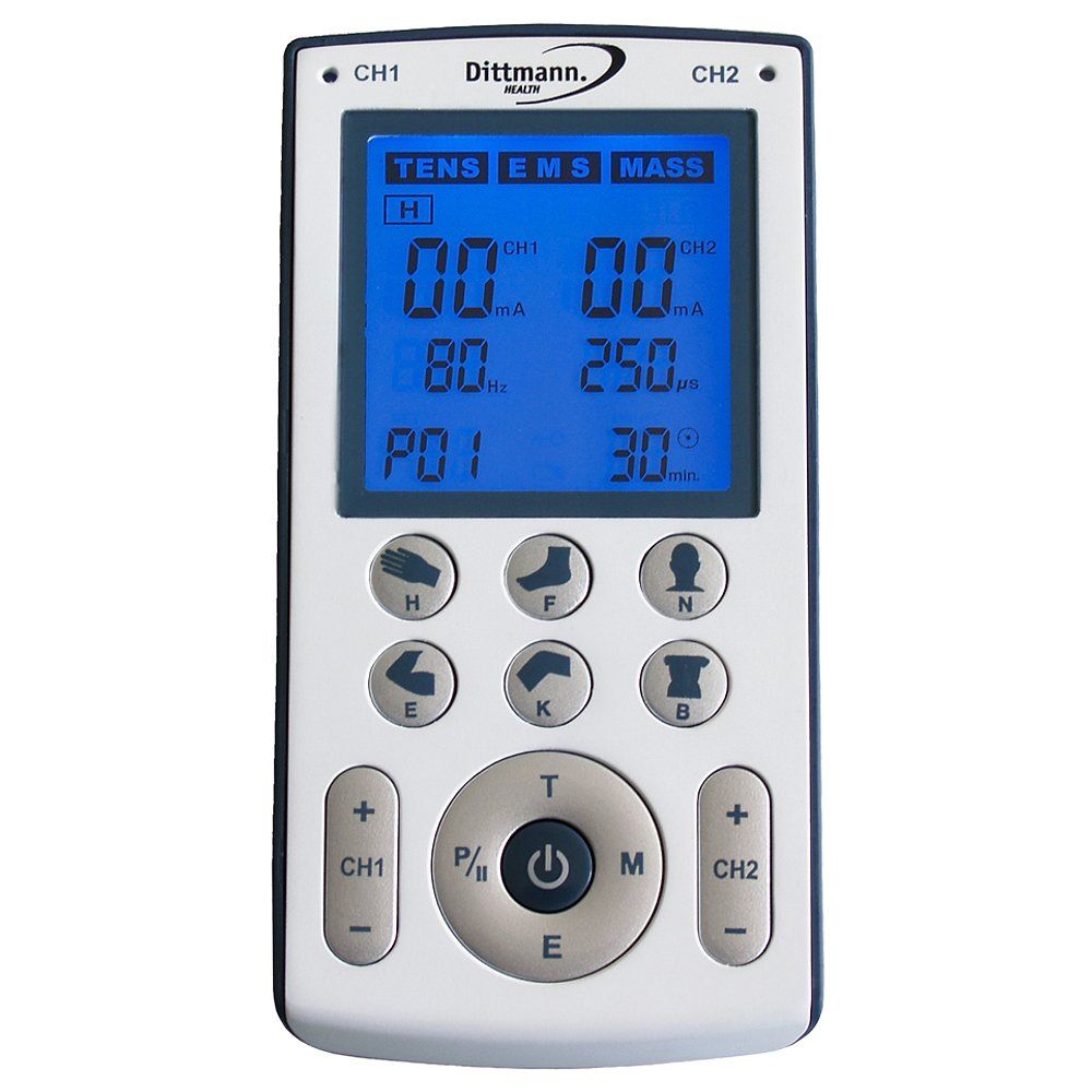 TENS-/EMS-Gerät mit Display und Knöpfen. Marke Dittmann. Blaues Display mit Anzeigen. Weißes Gehäuse mit dunkelgrauen Akzenten.