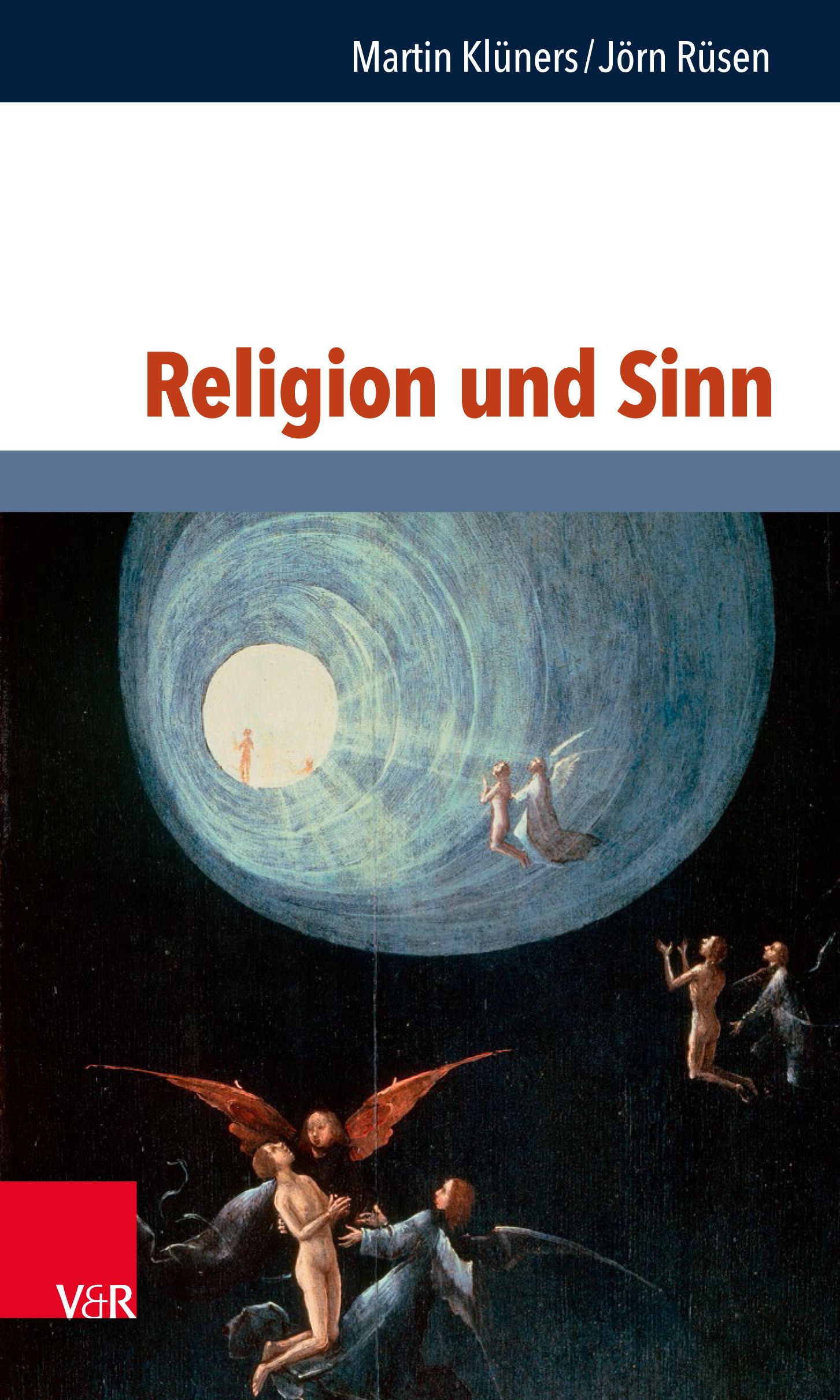 Buchcover: Religion und Sinn. Autoren: Martin Klüners/Jörn Rüsen. Kunstwerk mit Figuren und Himmelskörpern.