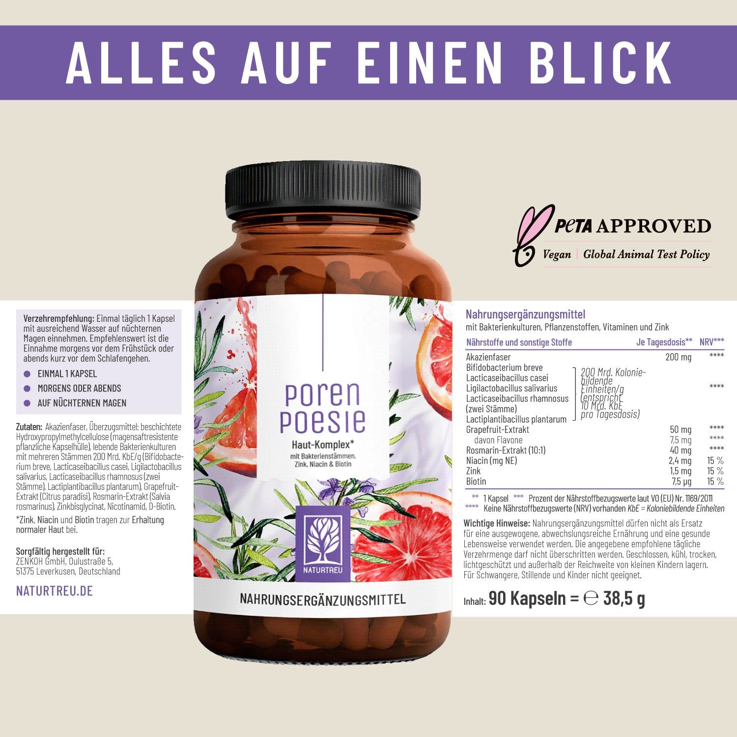 Braune Flasche Poren Poesie Haut-Komplex mit Etikett. Text: Zink, Niacin, Biotin. Inhaltsstoffe und Dosierung. PETA-Siegel, Vegan-Logo.