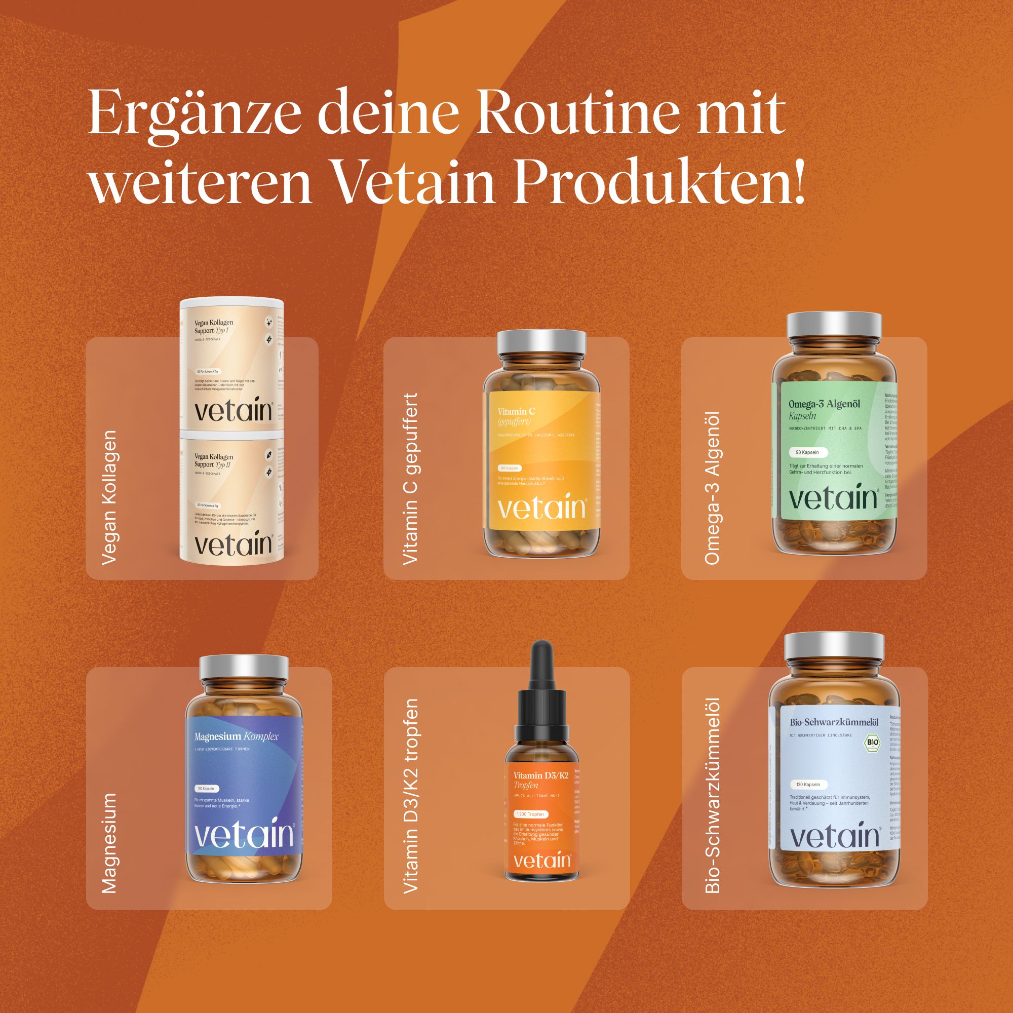 Vetain Produktübersicht: Flaschen mit Kollagen, Vitamin C, Omega-3, Magnesium, Vitamin D3/K2 und Schwarzkümmel.