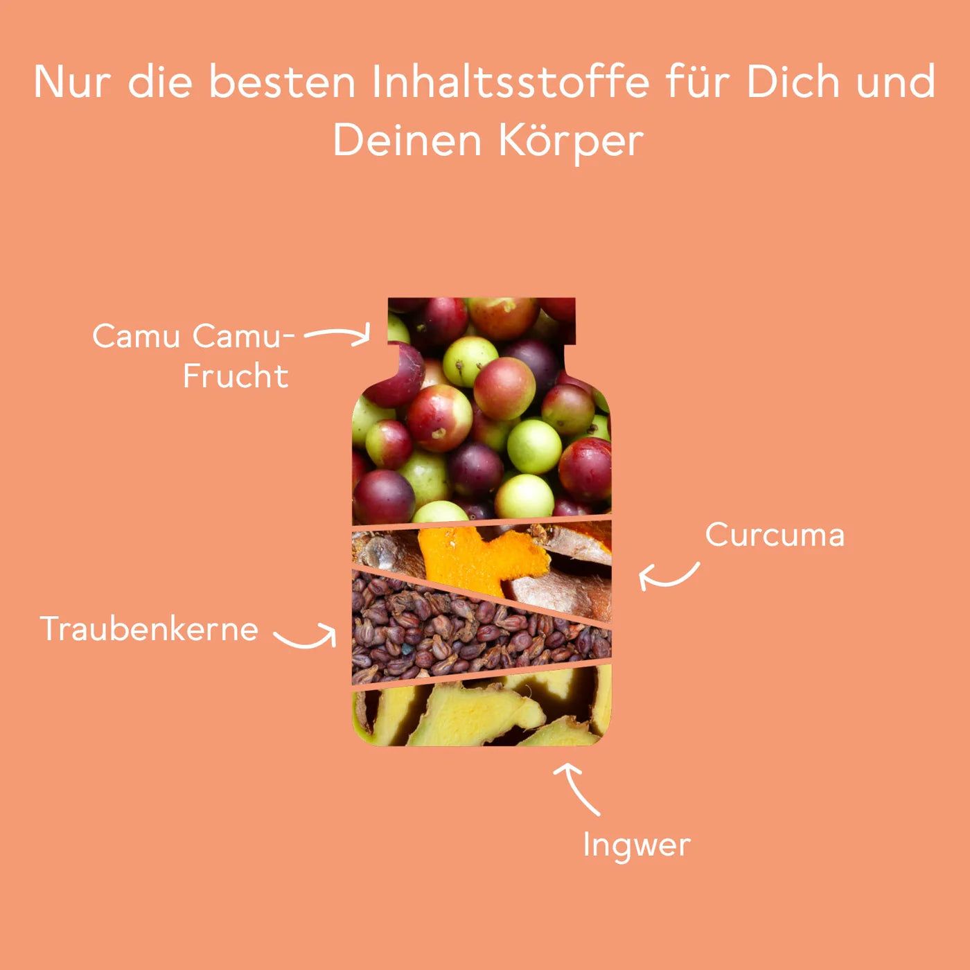 Schnitt durch eine Flasche mit Inhaltsstoffen: Camu Camu, Curcuma, Traubenkern, Ingwer. Orangefarbener Hintergrund.