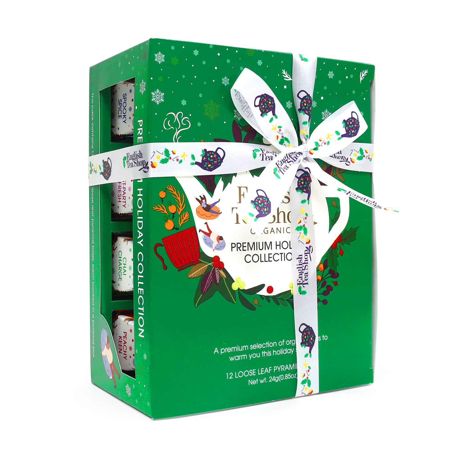 Grüne Geschenkbox mit Schleife. Enthält Teebeutel. Aufdruck: English Tea Shop, Holiday Collection.