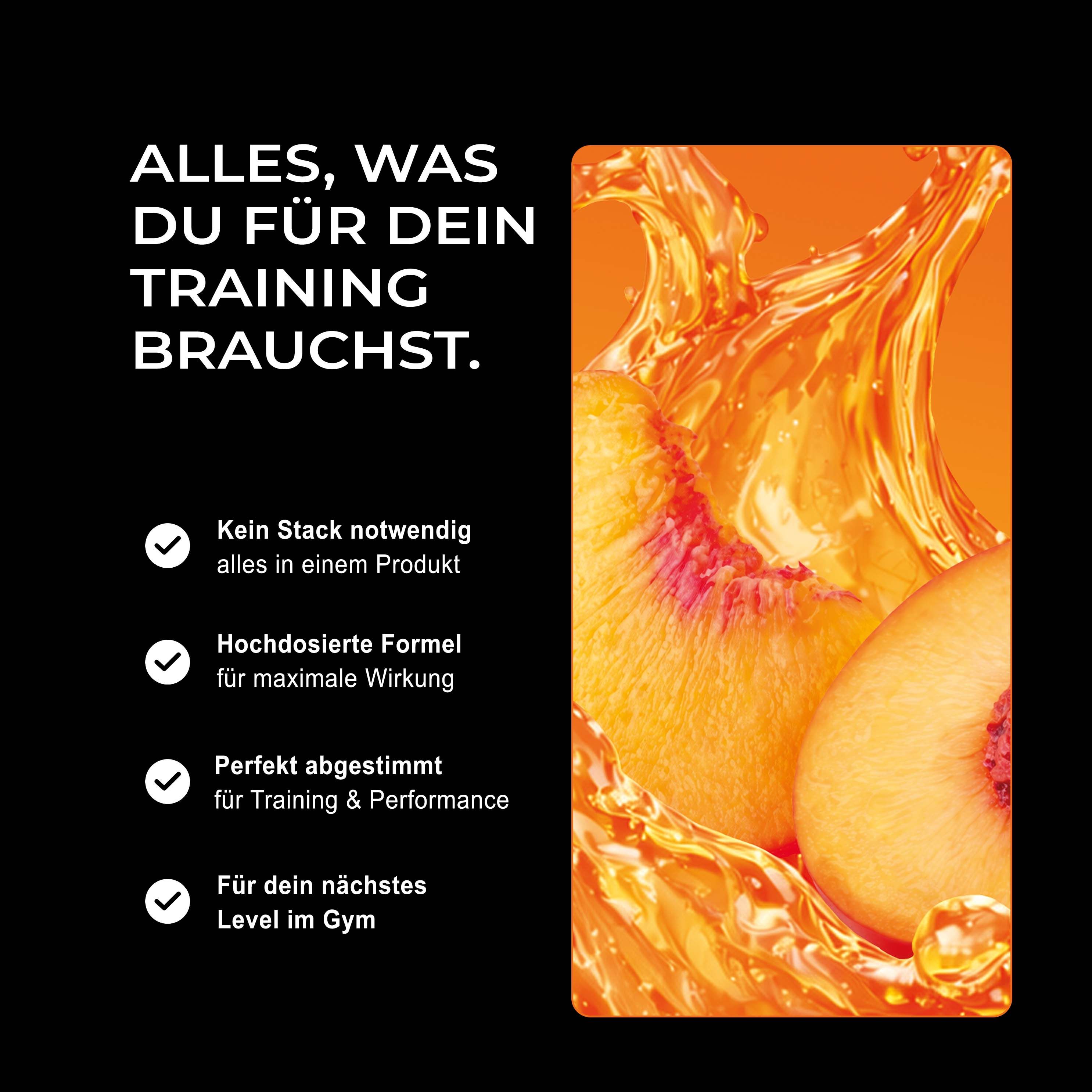 Grafik mit Pfirsich und Text: Alles, was du für dein Training brauchst. Produkt: Terminus Booster.