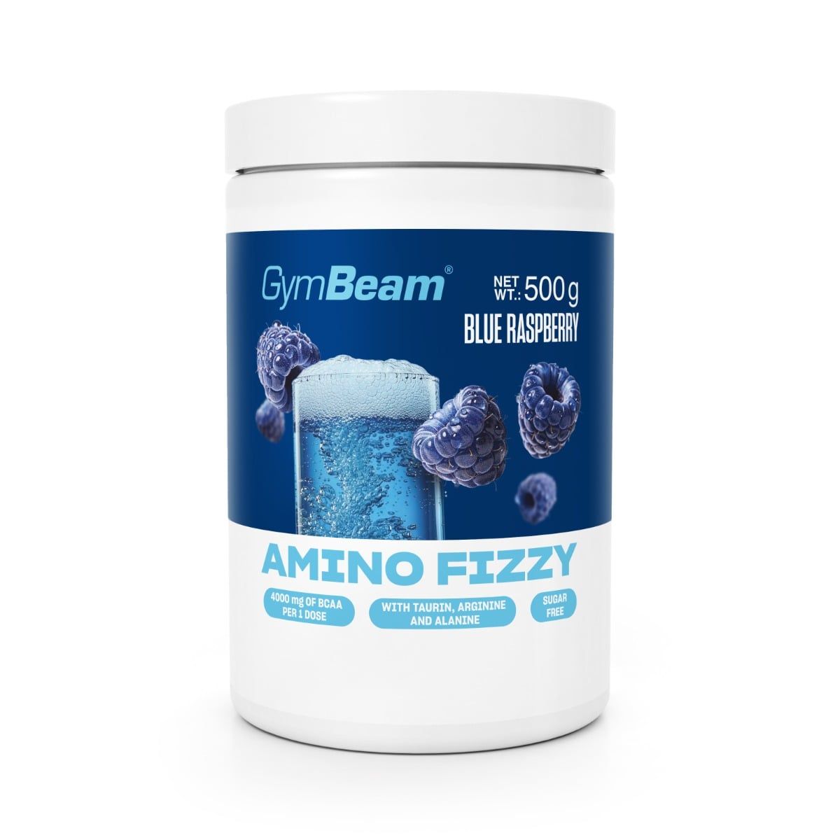 GymBeam Amino Fizzy Brausepulver in Blue Raspberry Geschmack, 500g Dose mit Himbeeren und einem Glas sprudelndem Getränk.