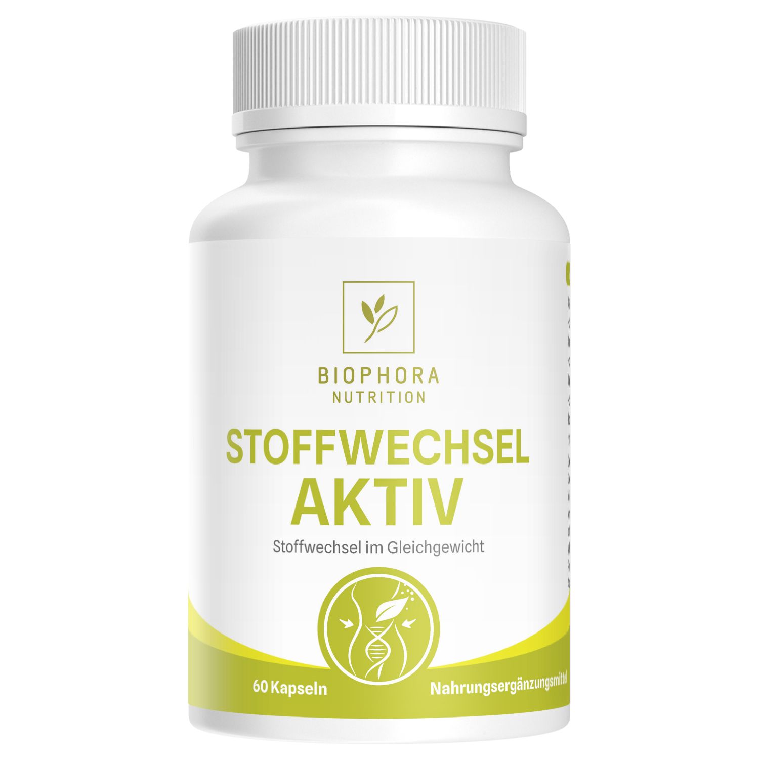 Eine weiße Flasche "STOFFWECHSEL AKTIV" mit 60 Kapseln. Umgeben von Zutaten wie Samen und Kräutern.