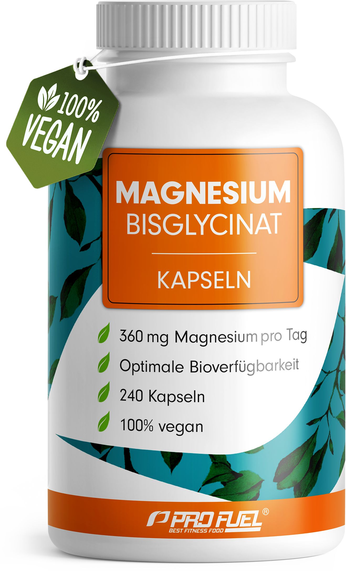 Weiße Flasche mit Kapseln. Orangefarbenes Etikett mit Text: Magnesium Bisglycinat Kapseln. 100% Vegan-Siegel.