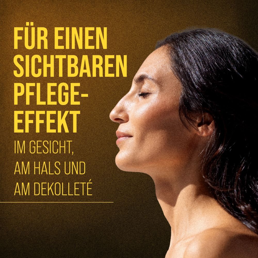 Frau mit geschlossenen Augen. Text: Für einen sichtbaren Pflege-Effekt im Gesicht, am Hals und am Dekolleté.