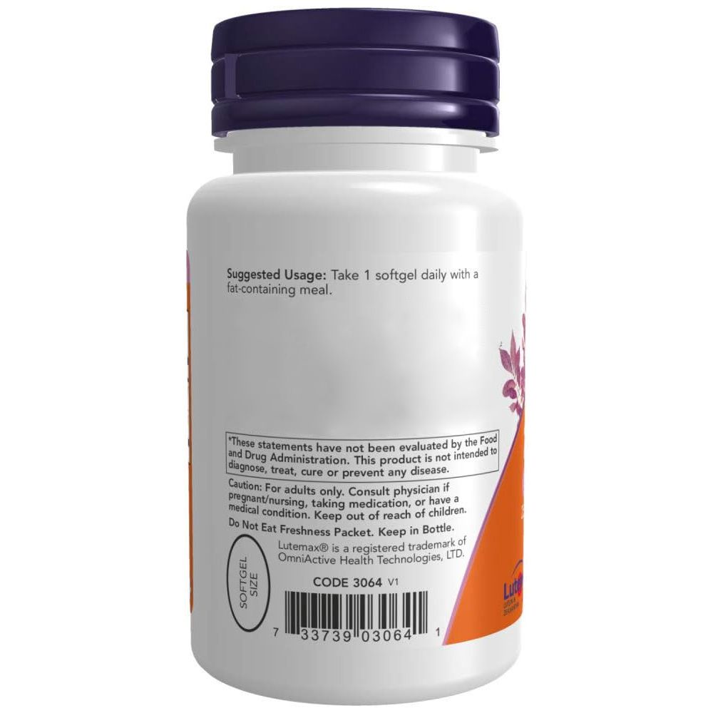 Rückseite einer weißen Flasche mit lila Deckel. Aufkleber mit Produktinformationen und Barcode. Marke: Now Foods. Enthält Lutein & Zeaxanthin.