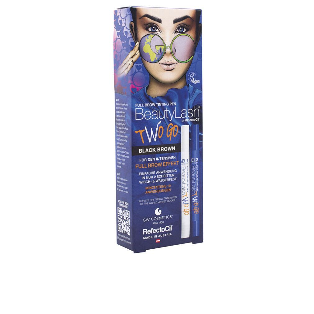 RefectoCil BeautyLash TWO GO. Verpackung mit Stift und Aktivator. Aufschrift: Black Brown, Vegan.
