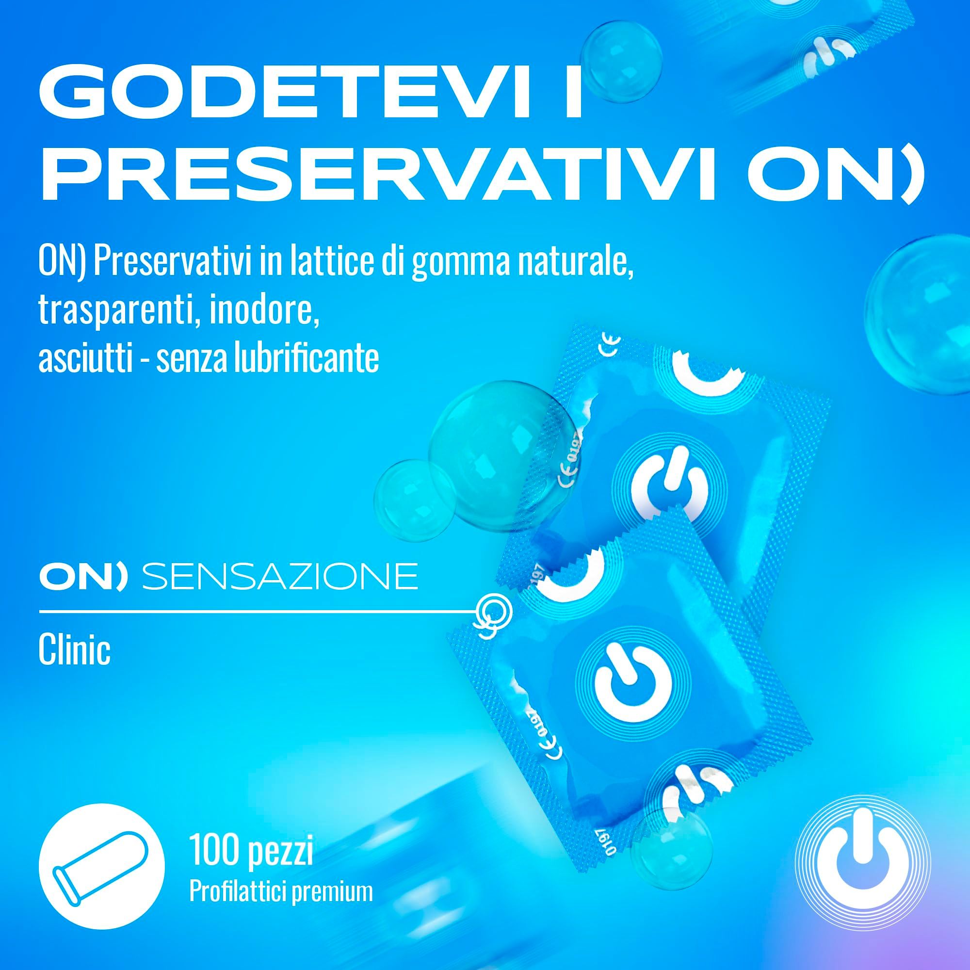 ON) Clinic Kondome, 100 Stück Packung, blaue Einzelverpackungen mit Power-Button-Logo.