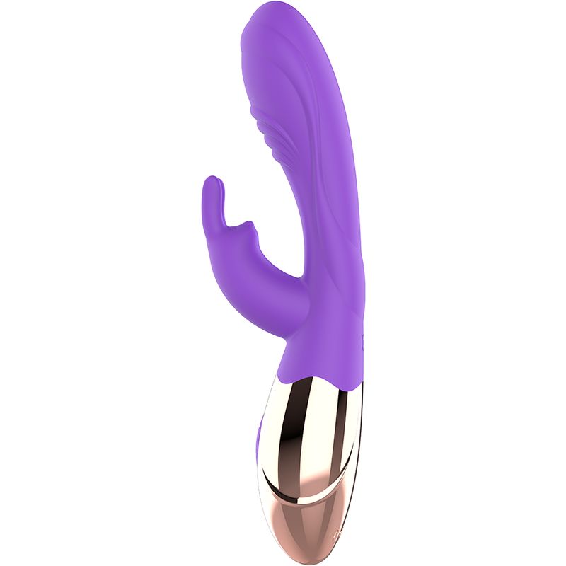 Lila Vibrator mit goldfarbenem Akzent. Silikon, ergonomische Form. Aufsatz in Fingerform.