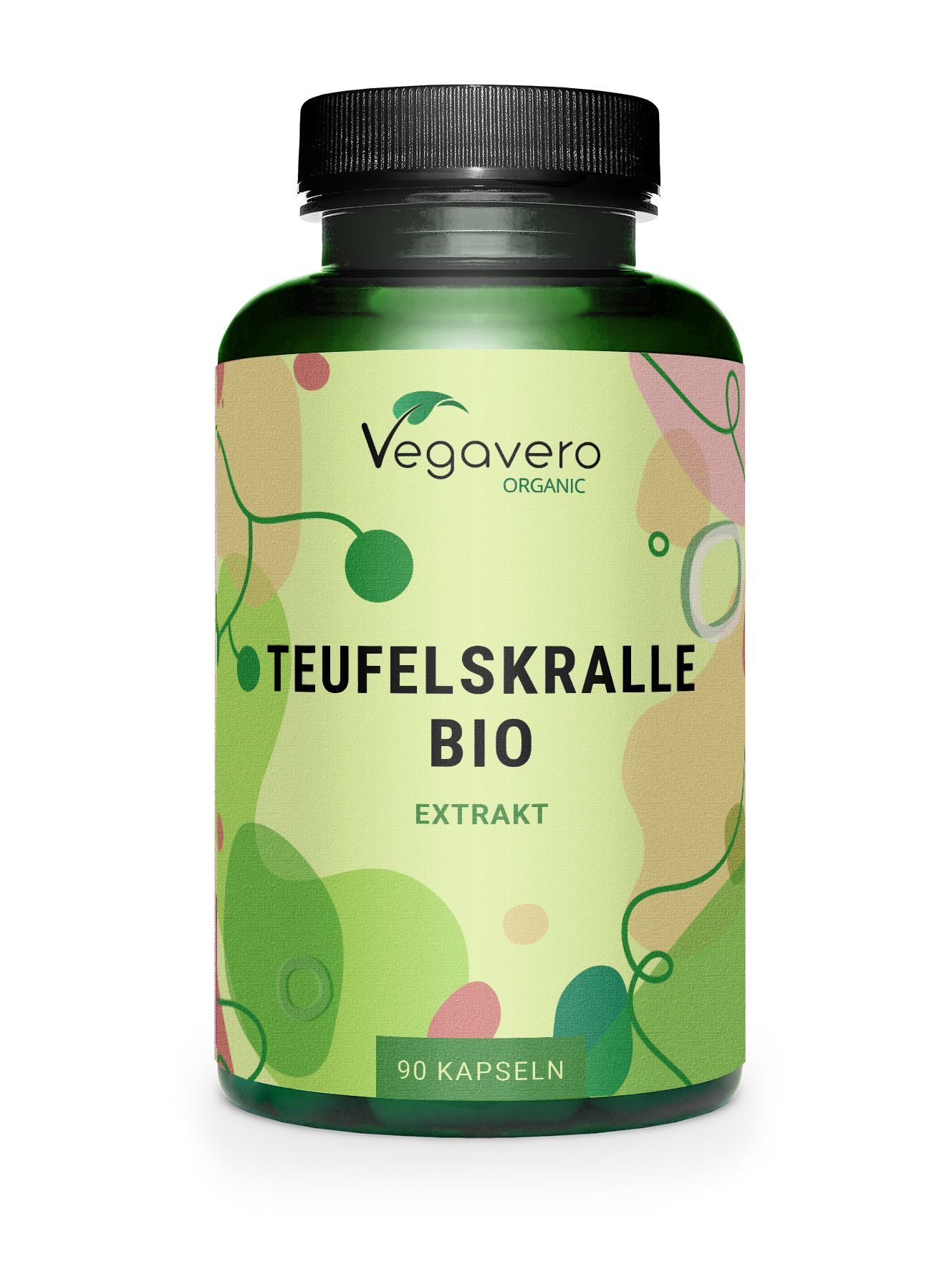 Grüne Flasche mit schwarzen Deckel. Aufschrift: TEUFELSKRALLE BIO, Extrakt, 90 Kapseln. Marke: Vegavero Organic.