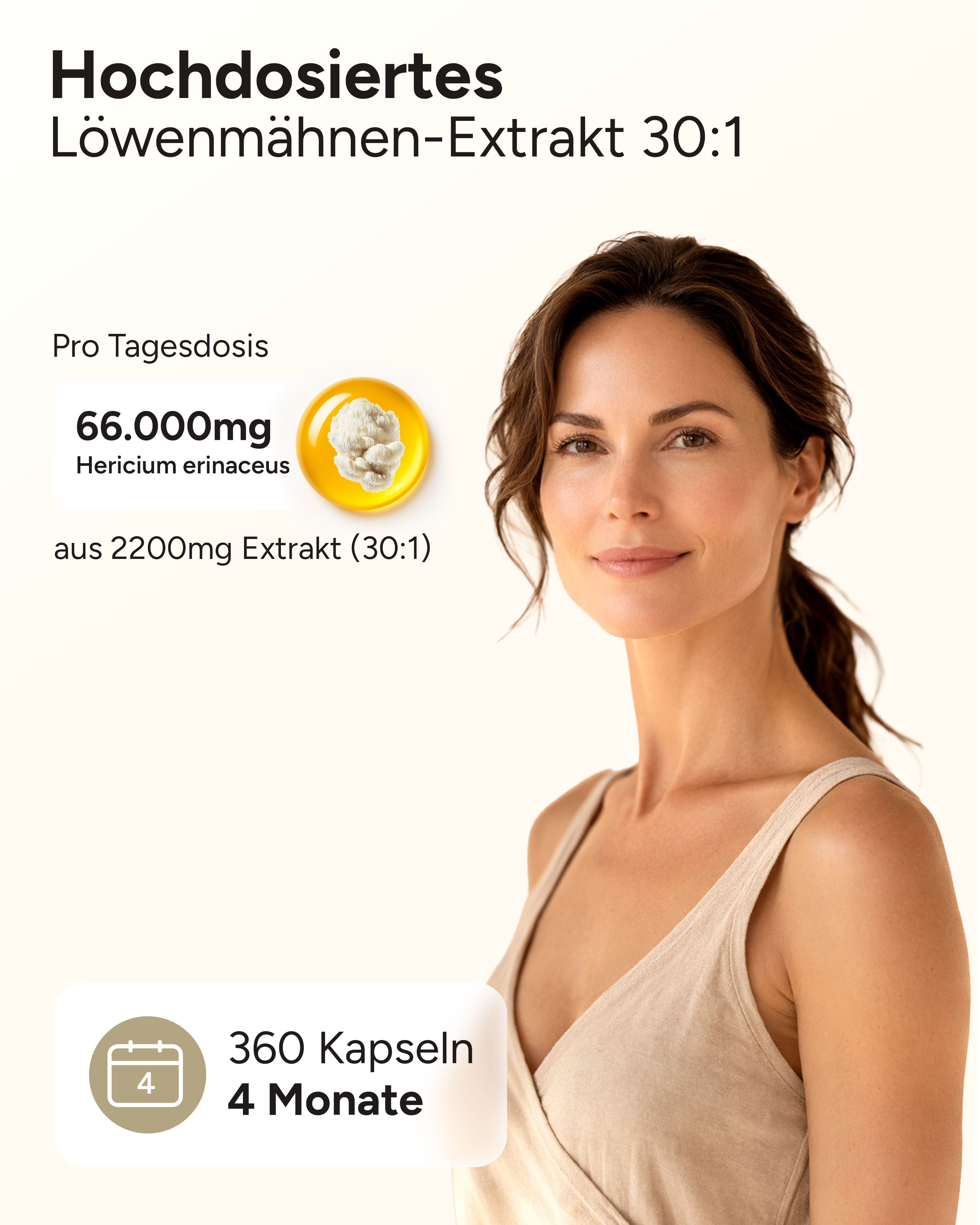 Frau mit beigem Top. Text: Hochdosiertes Löwenmähnen-Extrakt 30:1. Pro Tagesdosis 66.000mg Hericium erinaceus. 360 Kapseln, 4 Monate.