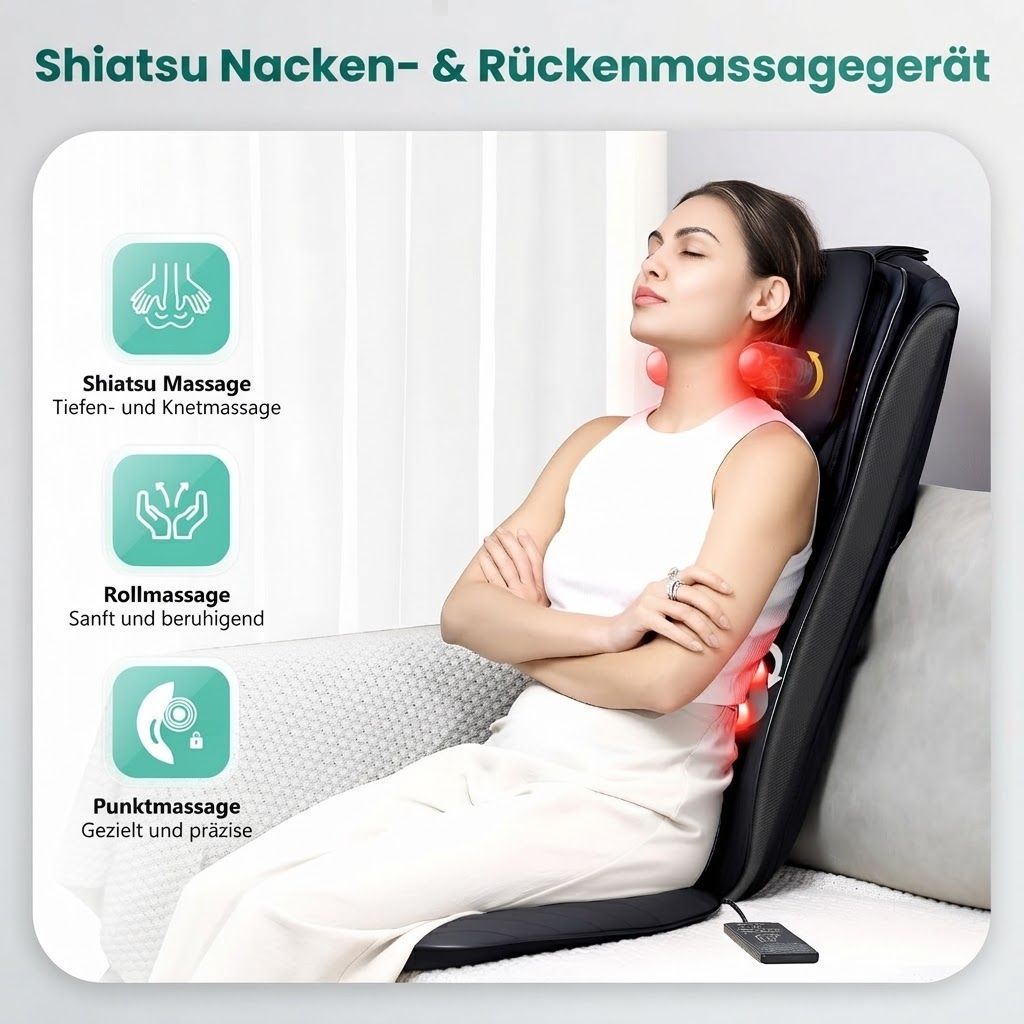 Frau genießt eine Nacken- und Rückenmassage mit verschiedenen Massagefunktionen wie Shiatsu und Rollmassage.
