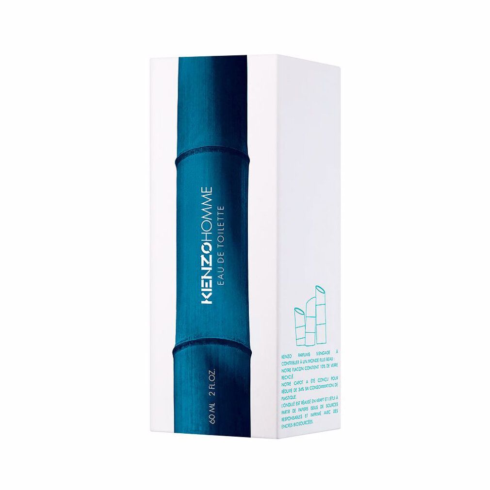 Weiße Verpackung mit blauem Bambus-Design. Schriftzug KENZO HOMME Eau de Toilette.