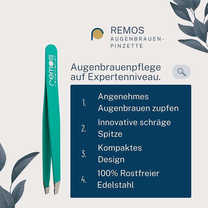 Türkisfarbene REMOS Augenbrauenpinzette. Merkmale: schräge Spitze, rostfreier Edelstahl. Text: Augenbrauenpflege auf Expertenniveau.