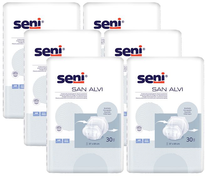 Mehrere Packungen Seni San Alvi. Weiße Verpackung mit blauem Logo und Produktbezeichnung. Abbildung des Produkts und Größenangabe.