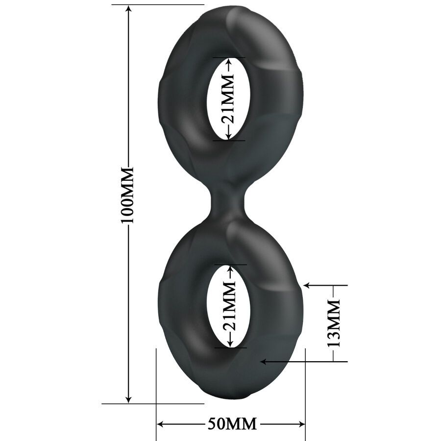 Schwarzer Doppel-Penisring mit Maßangaben. Gesamtlänge 100mm, Ringdurchmesser 21mm, Stegbreite 13mm, Gesamtbreite 50mm.