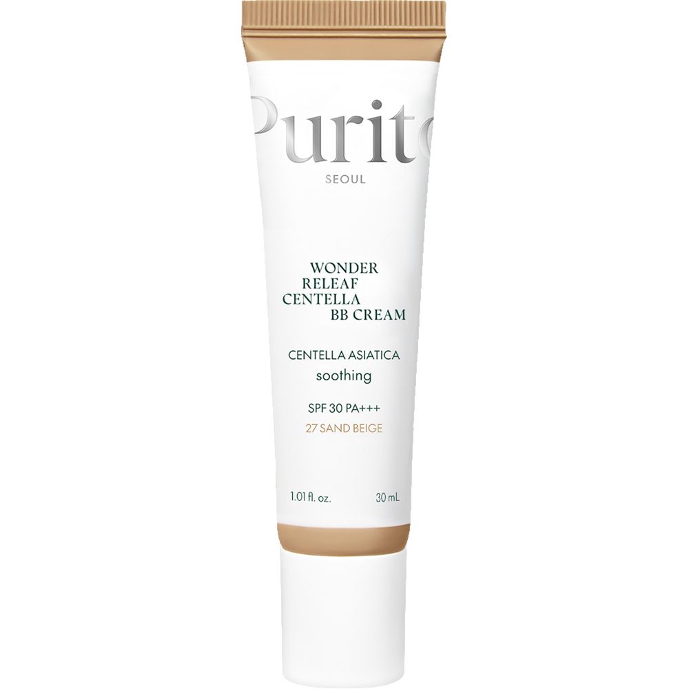 Tube mit PURITO Wonder Releaf Centella BB Cream, Farbton 27 Sand Beige, SPF 30 PA+++. Weißes Tube mit braunem Deckel.