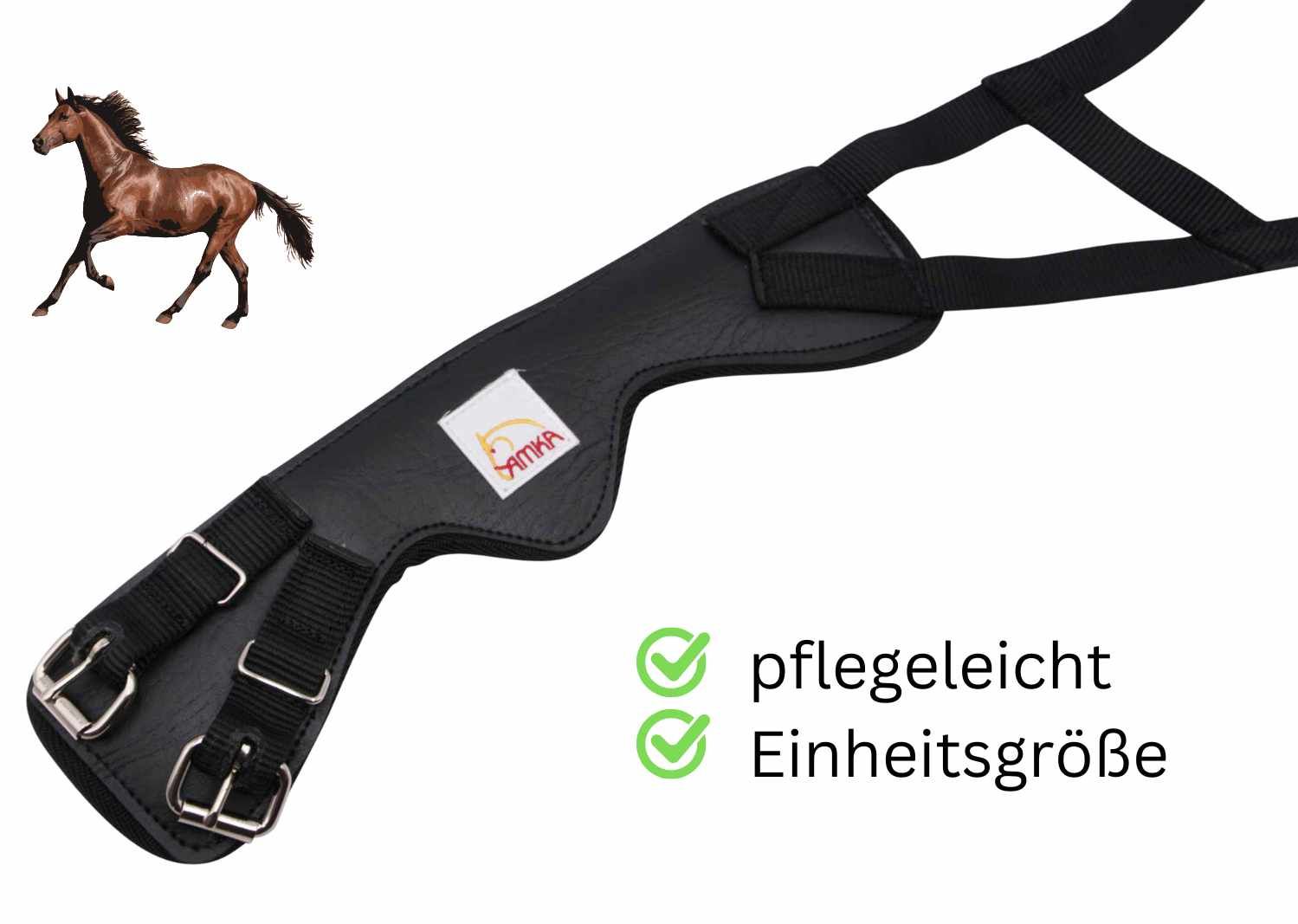 Schwarzer Kopperriemen mit Schnallen und AMKA-Logo. Text: pflegeleicht, Einheitsgröße.