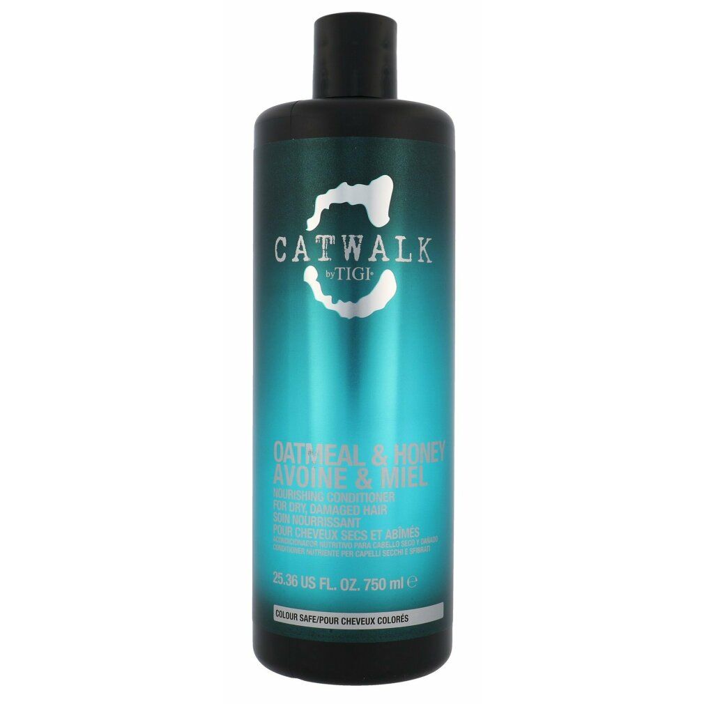 Schwarze Flasche Conditioner. Aufschrift: CATWALK by TIGI, OATMEAL & HONEY. 750 ml. Für trockenes, strapaziertes Haar.