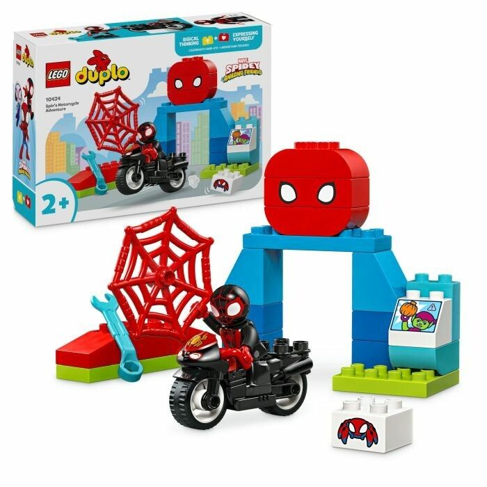 LEGO Duplo Set. Motorrad, Spinnennetz, Figur, Gebäude. Verpackung mit Logo, Altersempfehlung 2+.