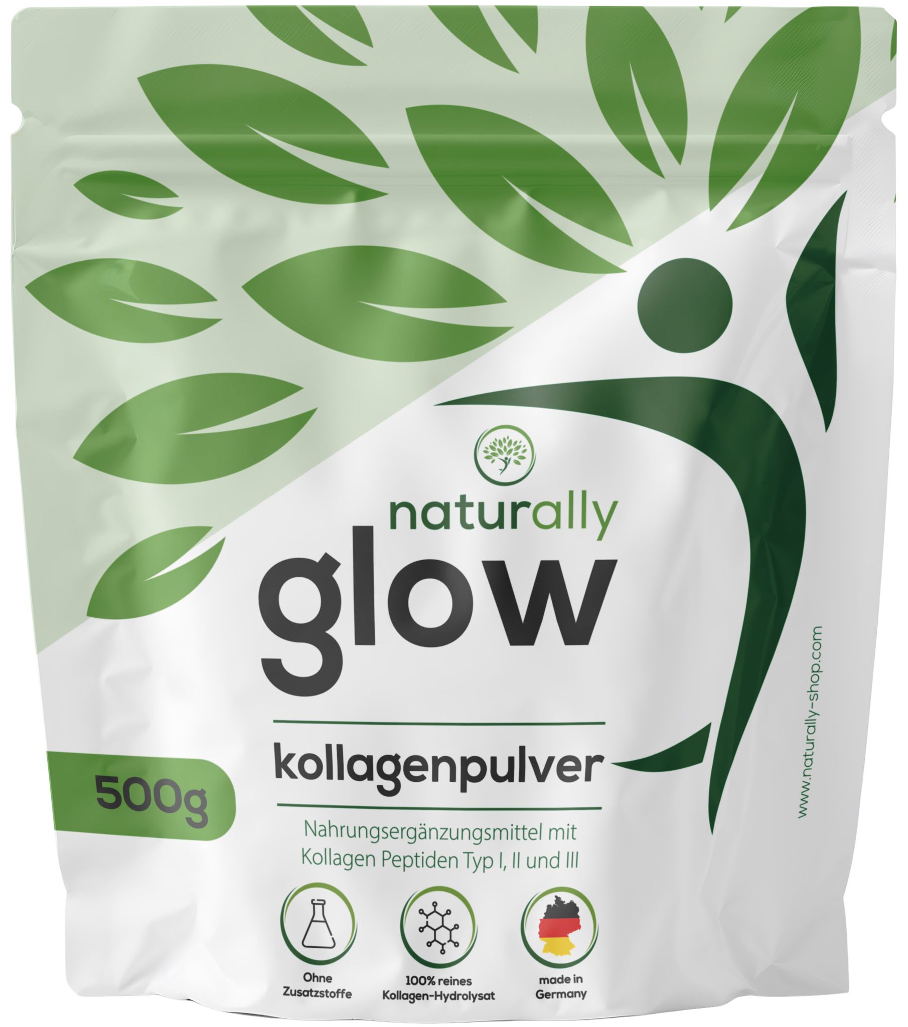 Naturally Glow Kollagenpulver Beutel mit 500g Inhalt. Enthält Kollagen Peptide Typ I, II und III.