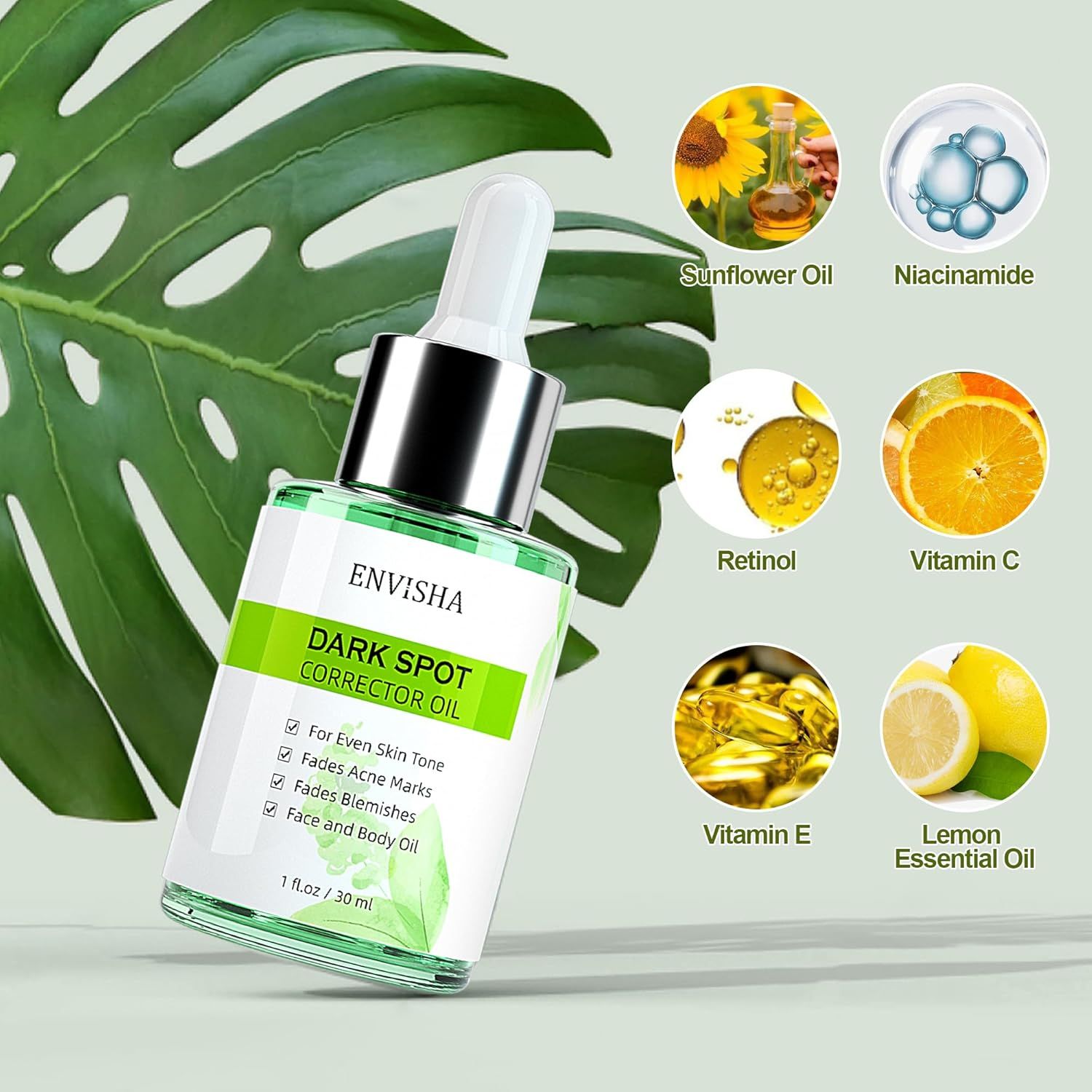 Grüne Glasflasche mit Tropfer. ENVISHA Dark Spot Corrector Oil. Inhaltsstoffe: Sonnenblumenöl, Niacinamid, Retinol, Vitamin C, E, Zitrone.