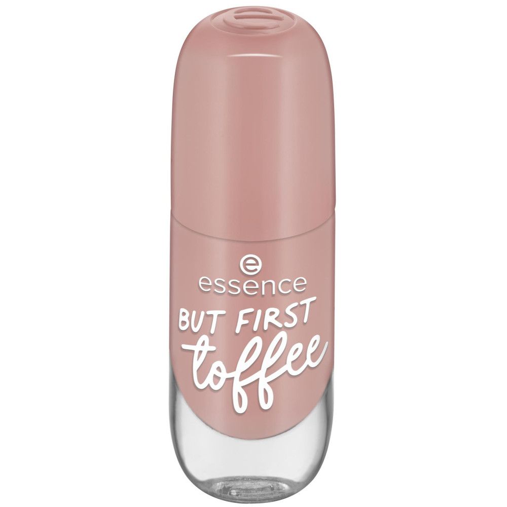 Geschlossene Nagellackflasche. Rosa Nagellack. Aufschrift: BUT FIRST toffee. Marke: Essence.