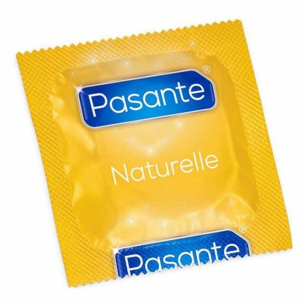 Gelb verpacktes Kondom Pasante Naturelle. Blaues Logo mit Pasante und Naturelle. Gelbe Verpackung.