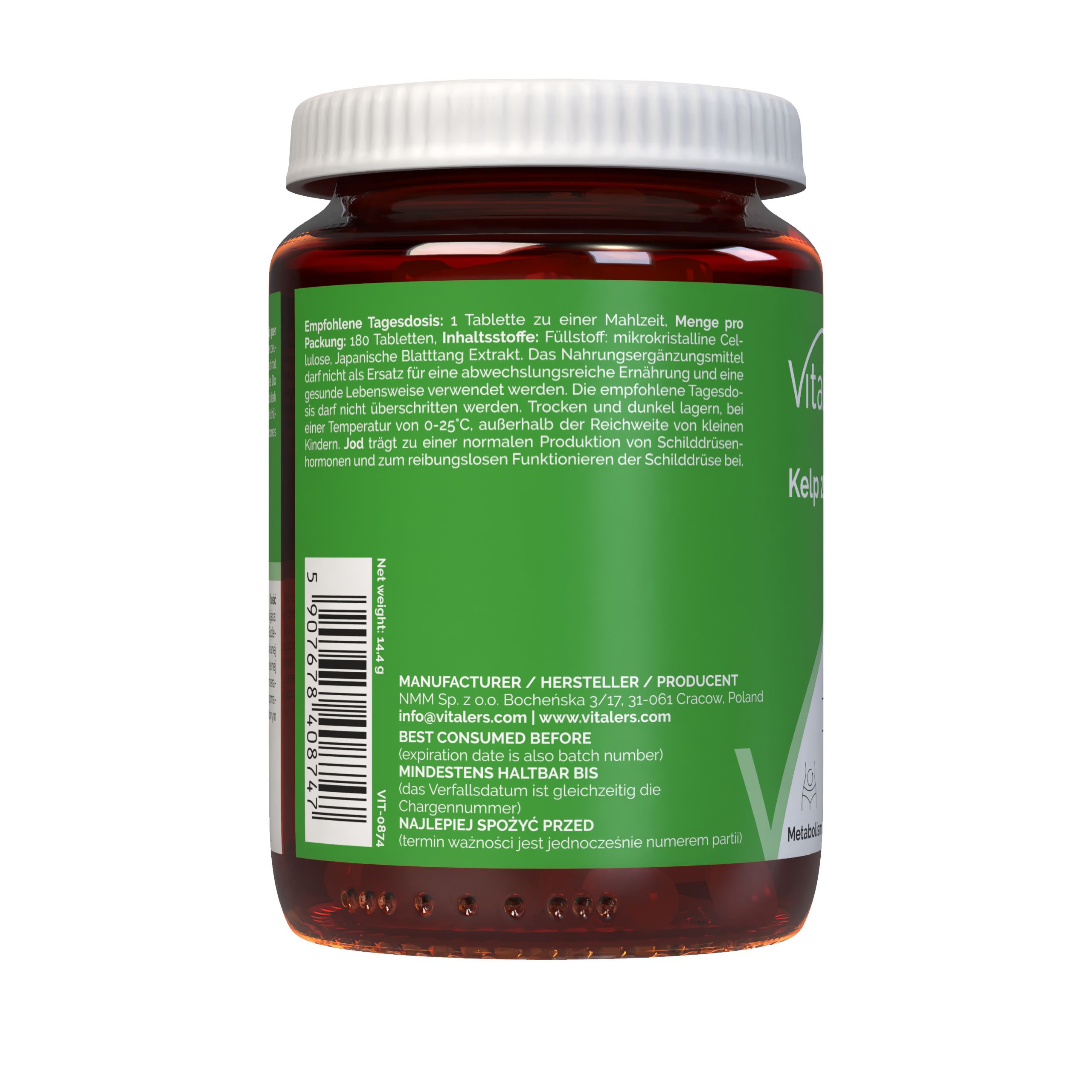Vitaler's Kelp 20 mg Flasche mit Etikett. Enthält 180 Tabletten, 200 µg Jod.