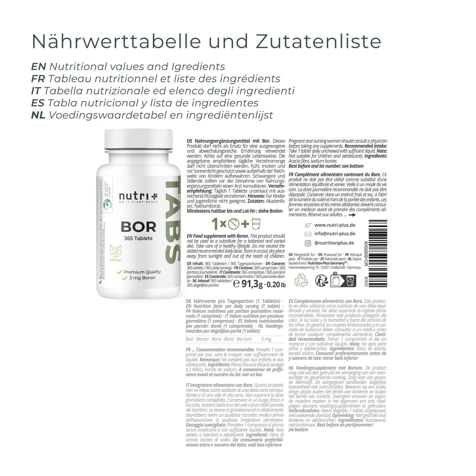 Nährwerttabelle und Zutatenliste. Englische, französische, italienische und niederländische Übersetzungen. Flasche nutri+ BOR Tabletten.