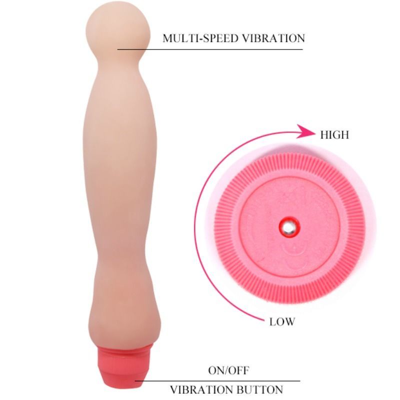 Beigefarbener Vibrator mit rosa Spitze. Nebenan: Bedienfeld mit 'ON/OFF' und 'LOW/HIGH' Beschriftung.