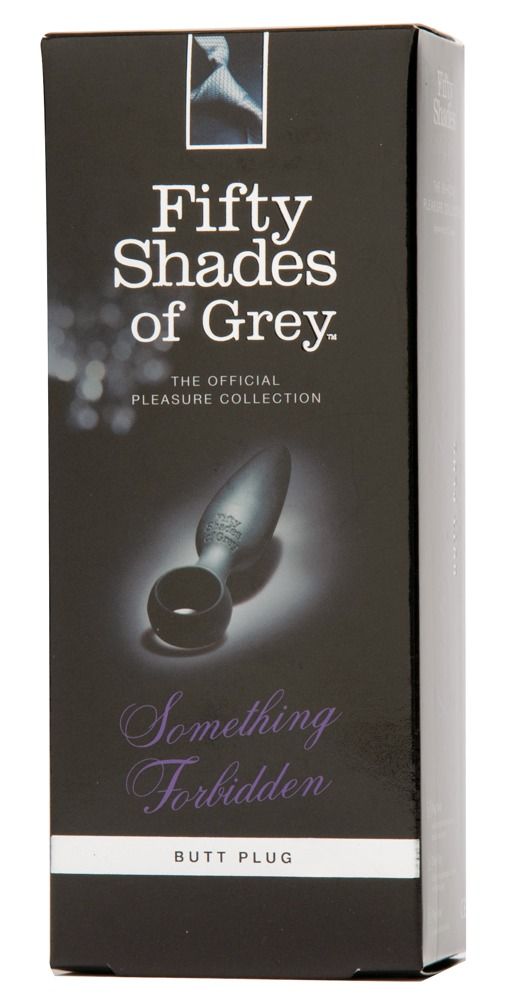 Produktverpackung. Aufschrift "Fifty Shades of Grey". Produktname "Something Forbidden". Schwarze Verpackung.